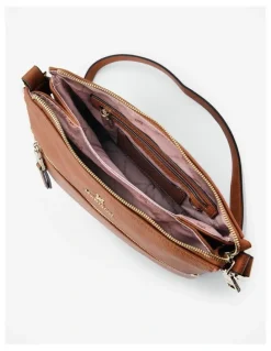Madison Accessories Renee Zip Top 2 Compartment Crossbody Bag + Stripe Strap in Brown
