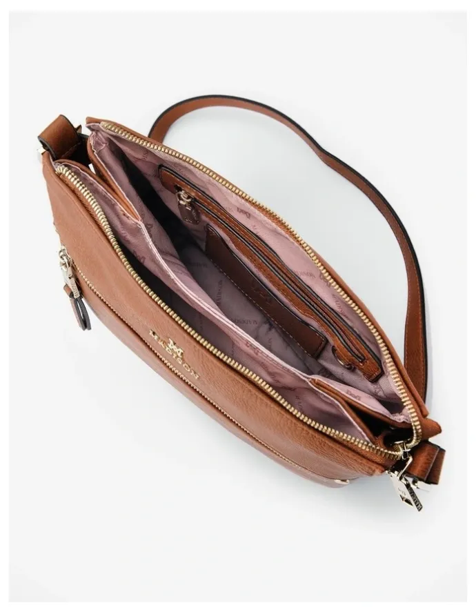 Madison Accessories Renee Zip Top 2 Compartment Crossbody Bag + Stripe Strap in Brown