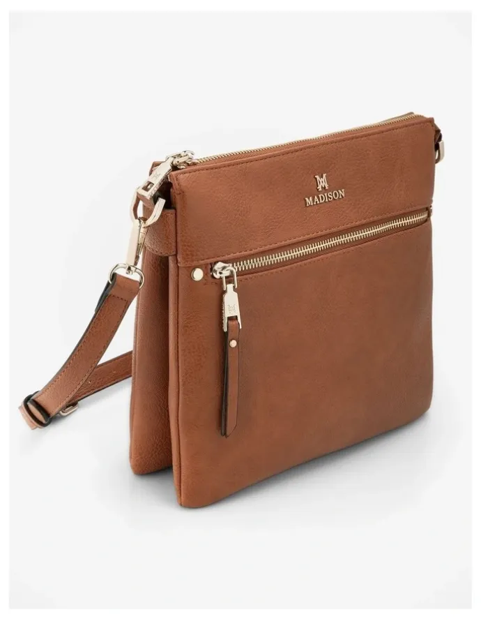 Madison Accessories Renee Zip Top 2 Compartment Crossbody Bag + Stripe Strap in Brown