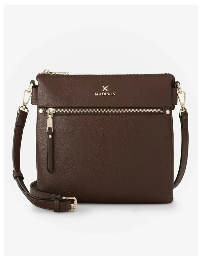Madison Accessories Renee Zip Top 2 Compartment Crossbody Bag in Brown