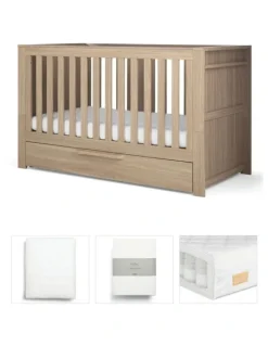 Mamas & Papas Franklin Cotbed Bundle With Essential Spring Cotbed Mattress 4 Pieces in Light Oak