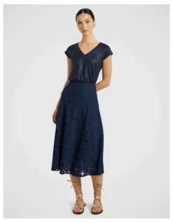 Marcs Countess Lace Midi Skirt in Navy