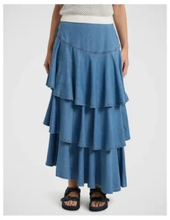 Marcs Velma Denim Tiered Midi Skirt in Lagoon Blue