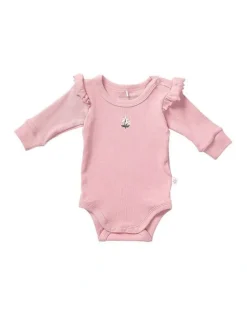 Marquise Rib Frill Bodysuit And Footed Legging Set in Pink