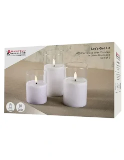 Maxwell & Williams Let's Get Lit LED Flameless Wax Candle Glass Hurricane Set of 3 Gift Boxed in Clear
