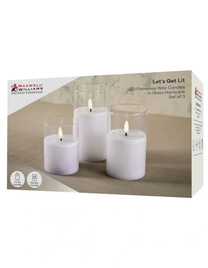Maxwell & Williams Let's Get Lit LED Flameless Wax Candle Glass Hurricane Set of 3 Gift Boxed in Clear