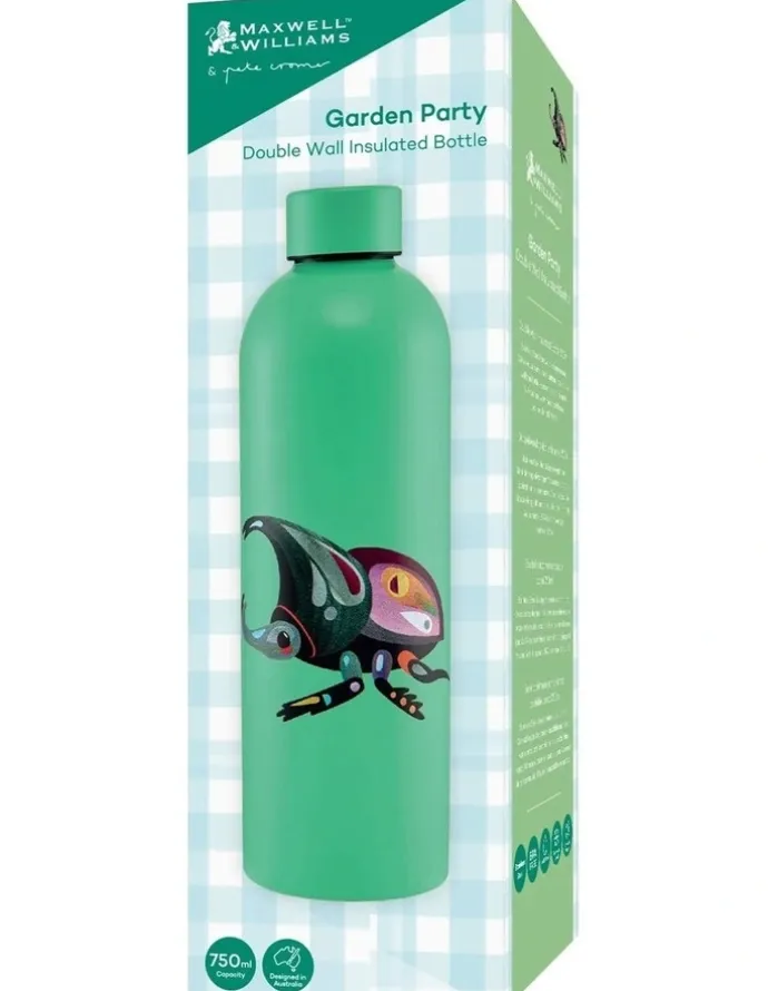 Maxwell & Williams Pete Cromer Garden Party Double Wall Insulated Bottle 750ml Rhino Beetle Gift Boxed in Green