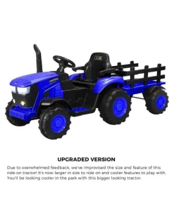 Mazam Mazam 156cm Kids Ride On Car Tractor Trailer 12V Remote Electric Toddlers Toy Blue