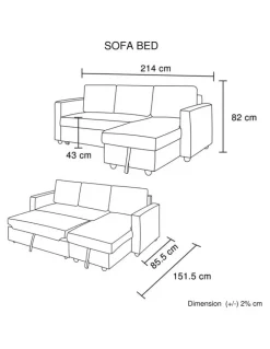 Melbournians Furniture Fabric Sofa Bed 2 Seater in Grey/Chaise
