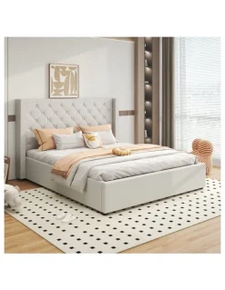 Melbournians Furniture Linen Fabric Gas Lift Queen Winged Bed Frame in Grey