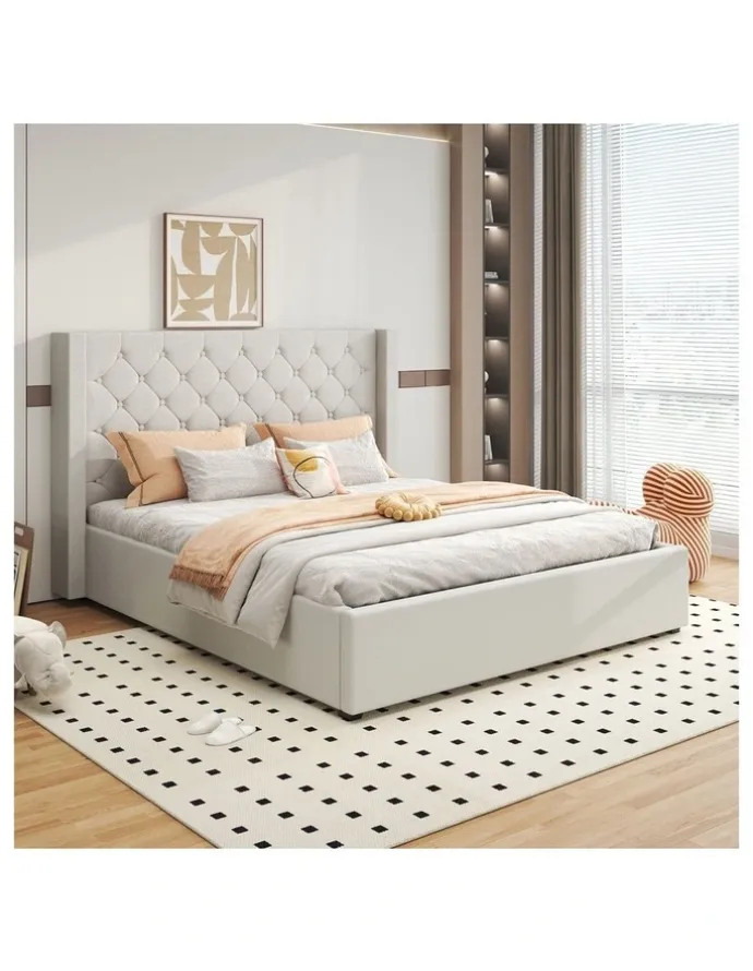 Melbournians Furniture Linen Fabric Gas Lift Queen Winged Bed Frame in Grey