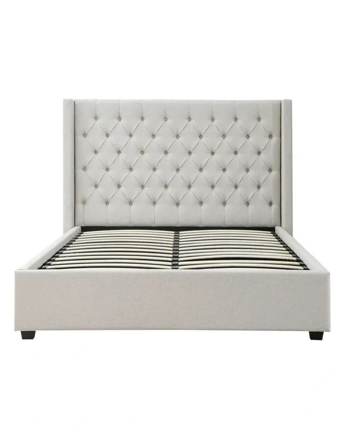 Melbournians Furniture Linen Fabric Gas Lift Queen Winged Bed Frame in Grey