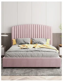 Melbournians Furniture Queen Size Bed Frame in Pink Velvet Fabic