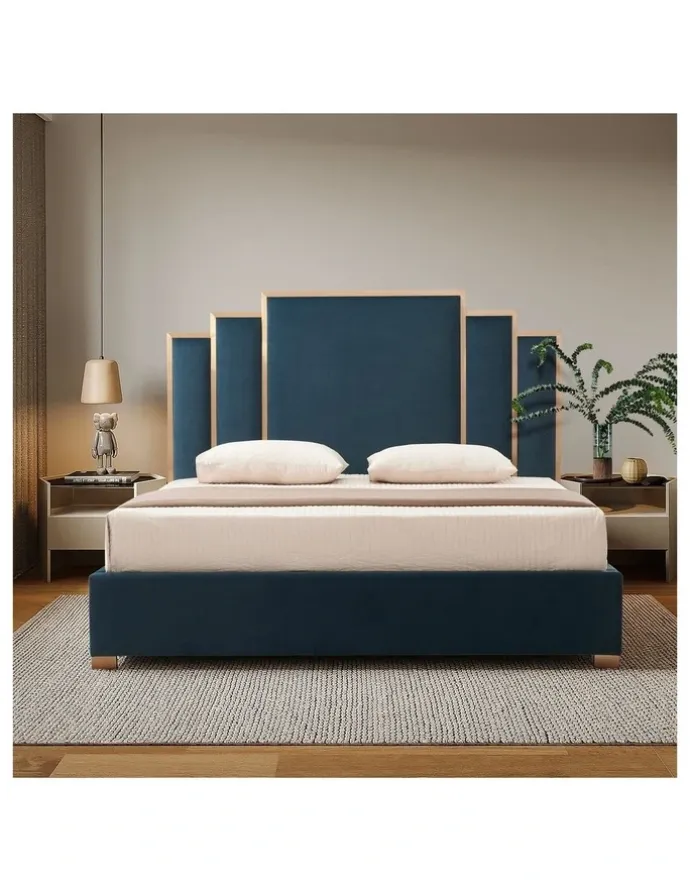 Melbournians Furniture Velvet Turquoise Fabric King Bed Frame in Blue