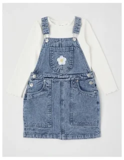 Milkshake Denim Pinafore & Tee Set in Blue Daisy