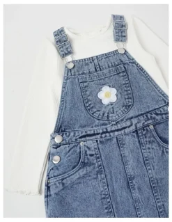 Milkshake Denim Pinafore & Tee Set in Blue Daisy