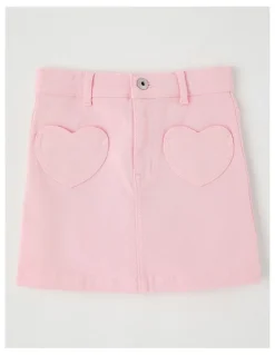 Milkshake Denim Skirt with Heart Pockets in Pink