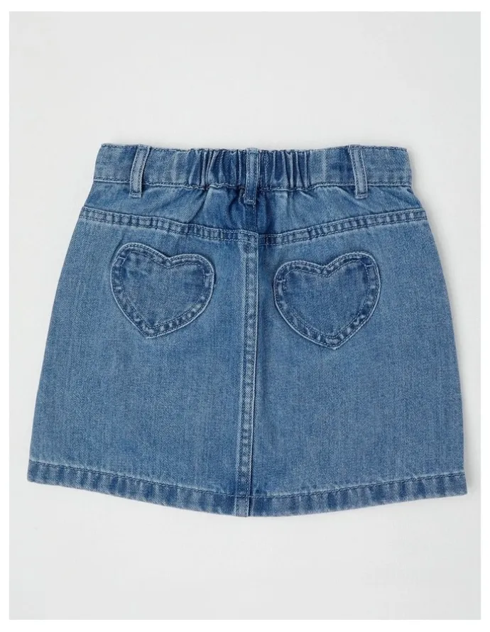 Milkshake Denim Skirt with Heart Pockets in Light Denim