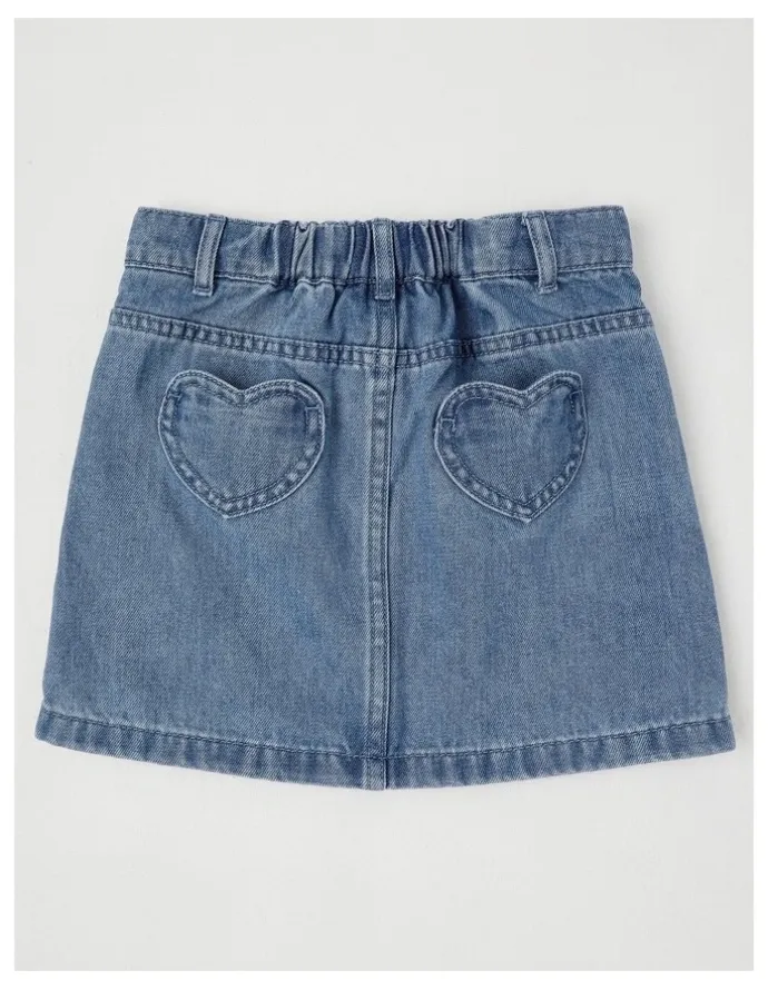 Milkshake Denim Skirt with Heart Pockets in Mid Denim