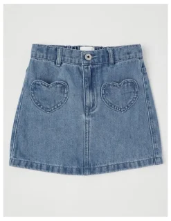 Milkshake Denim Skirt with Heart Pockets in Mid Denim