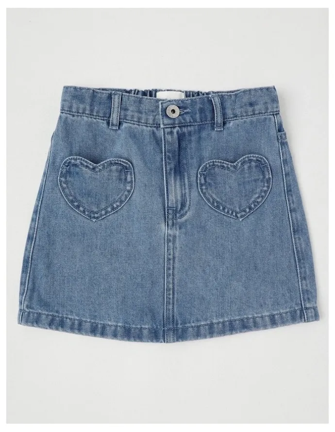 Milkshake Denim Skirt with Heart Pockets in Mid Denim