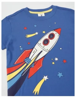 Milkshake Essentials Short Sleeve Print Tee in Space Rocket in Indigo