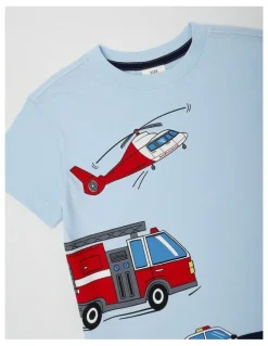 Milkshake Essentials Short Sleeve Print Tee in Three Emergency Vehicles/Light Blue