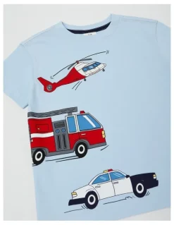Milkshake Essentials Short Sleeve Print Tee in Three Emergency Vehicles/Light Blue
