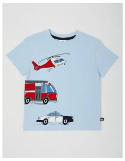 Milkshake Essentials Short Sleeve Print Tee in Three Emergency Vehicles/Light Blue