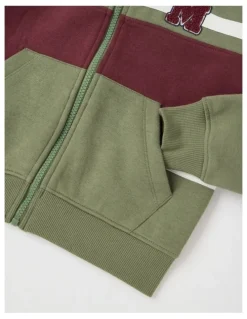 Milkshake Fleece Zip Thru Splice Sweat Top in Khaki & Burgundy