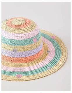Milkshake Girls Pastel Rainbow Straw Hat with Embroidered Hearts in Rainbow