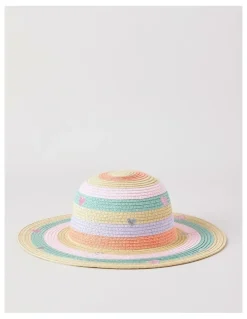 Milkshake Girls Pastel Rainbow Straw Hat with Embroidered Hearts in Rainbow