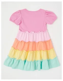 Milkshake Happy Crew Short Sleeve Jersey Tiered Dress With Daisy in Pink Multi