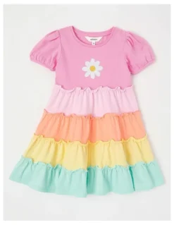 Milkshake Happy Crew Short Sleeve Jersey Tiered Dress With Daisy in Pink Multi