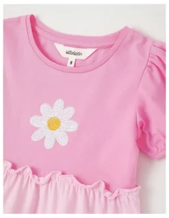 Milkshake Happy Crew Short Sleeve Jersey Tiered Dress With Daisy in Pink Multi