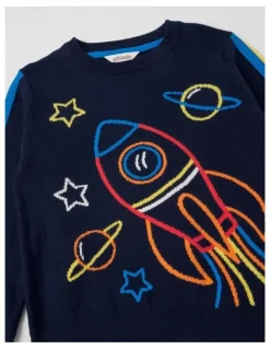 Milkshake Knitted Jacquard Crew Neck Jumper in Space Rocket Navy