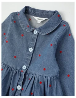 Milkshake Long Sleeve Dress with Hearts in Mid Denim