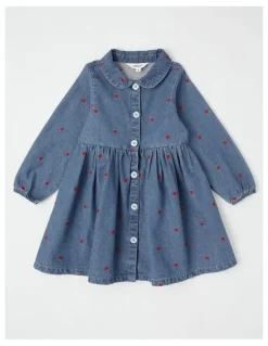 Milkshake Long Sleeve Dress with Hearts in Mid Denim