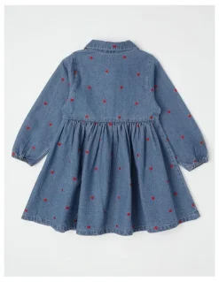 Milkshake Long Sleeve Dress with Hearts in Mid Denim