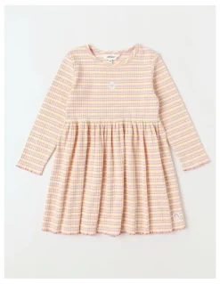 Milkshake Long Sleeve Rib Dress with Daisy in Rainbow Stripe