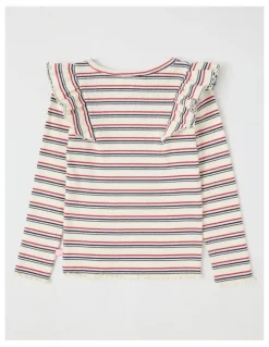 Milkshake Long Sleeve Ruffle Rib Top in Cream Stripe