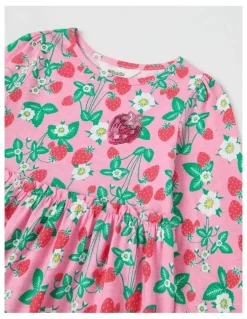 Milkshake Long Sleeve Tiered Dress with Sequin Strawberries in Pink