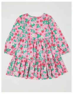 Milkshake Long Sleeve Tiered Dress with Sequin Strawberries in Pink