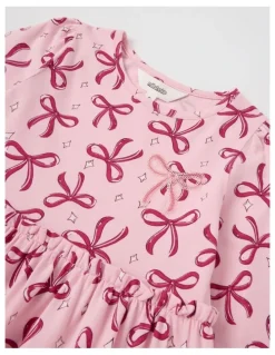 Milkshake Long Sleeve Tiered Dress with Sequin Bows in Pink