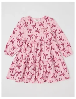 Milkshake Long Sleeve Tiered Dress with Sequin Bows in Pink