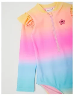 Milkshake Long Sleeve Zip Front Ruffle Shoulder Swimsuit in Pink Shimmer Ombre