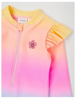 Milkshake Long Sleeve Zip Front Ruffle Shoulder Swimsuit in Pink Shimmer Ombre