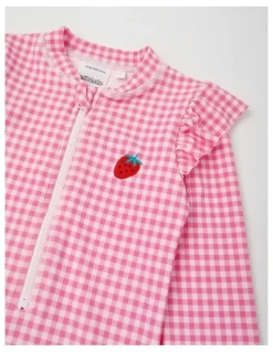 Milkshake Long Sleeve Zip Front Ruffle Shoulder Swimsuit With Emb in Strawberry/ Pink Gingham
