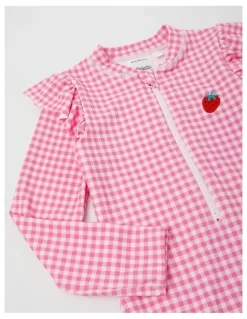 Milkshake Long Sleeve Zip Front Ruffle Shoulder Swimsuit With Emb in Strawberry/ Pink Gingham