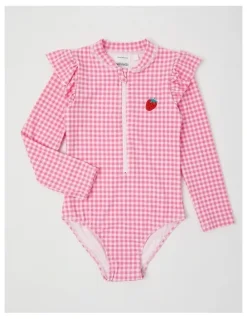 Milkshake Long Sleeve Zip Front Ruffle Shoulder Swimsuit With Emb in Strawberry/ Pink Gingham
